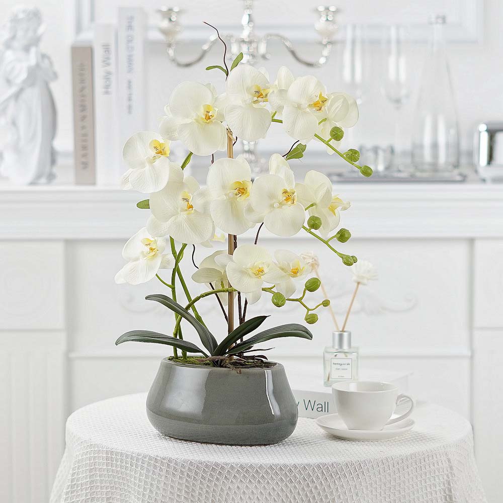 Phalaenopsis artificial flower potted ornaments Phalaenopsis silk flower bonsai Phalaenopsis artificial flowers living room coffe table  Color:White