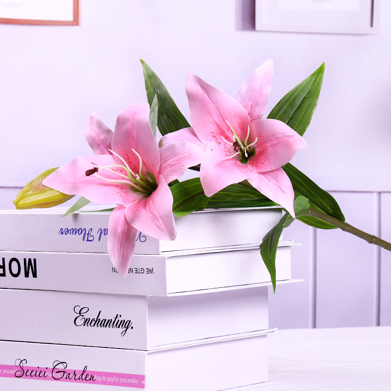 3-head hand-feel simulated lily flower arrangement, long pole PU lily fake flower  living room  Pink