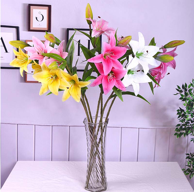 3-head hand-feel simulated lily flower arrangement, long pole PU lily fake flower  living room 