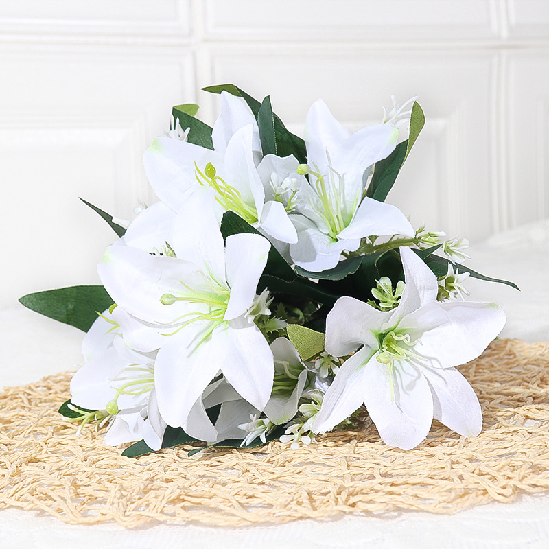 Artificial lily silk flower bouquet with basket White