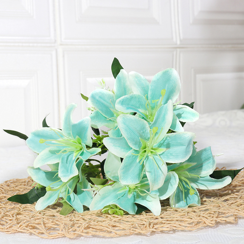 Artificial lily silk flower bouquet with basket Color:Blue