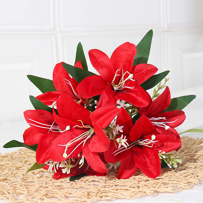 Artificial lily silk flower bouquet with basket Red