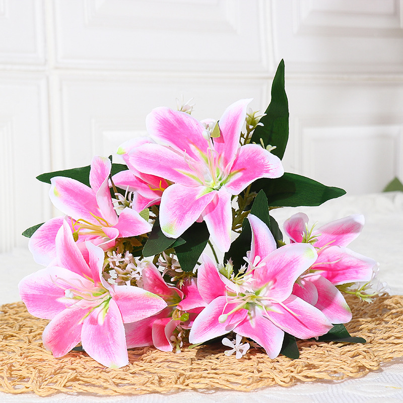 Artificial lily silk flower bouquet with basket Pink