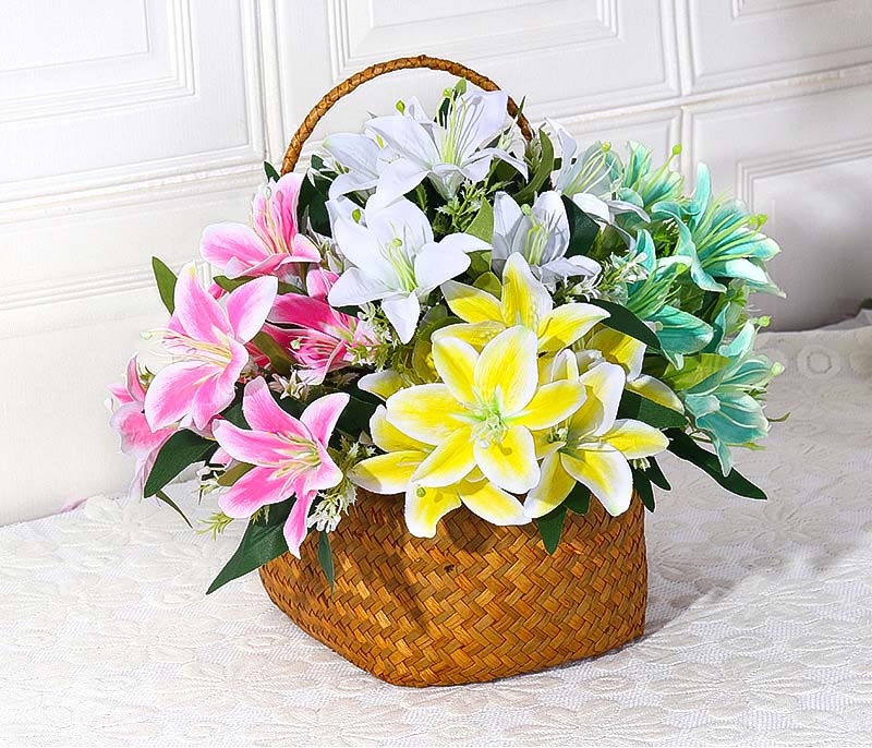 Artificial lily silk flower bouquet with basket