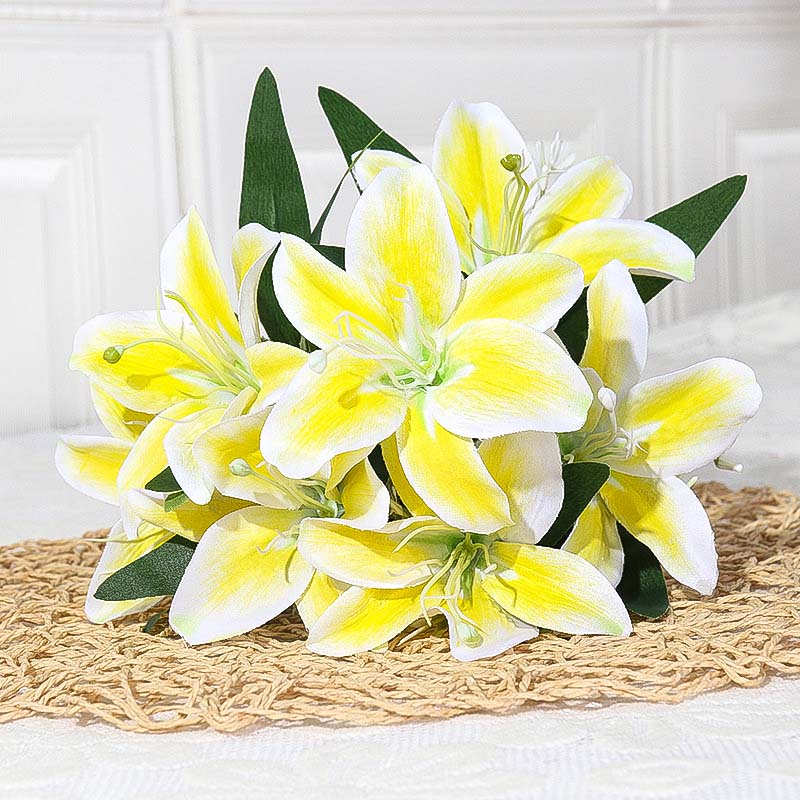 Artificial lily silk flower bouquet with basket Yellow