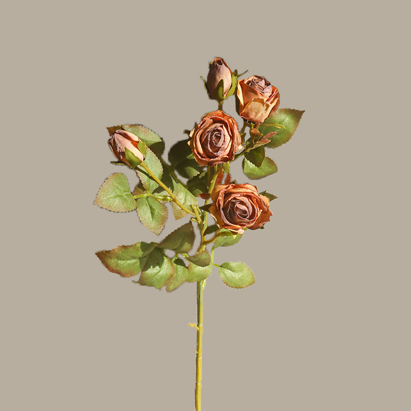 Retro small rose artificial flower, burnt edge rose Color:Autumn Coffe